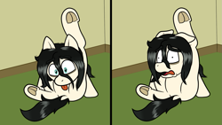 Size: 1503x850 | Tagged: safe, artist:scraggleman, imported from derpibooru, oc, oc only, oc:floor bored, earth pony, pony, behaving like a cat, didn't think this through, disgusted, featureless crotch, female, floppy ears, frog (hoof), instant regret, licking, mare, solo, tongue out, underhoof