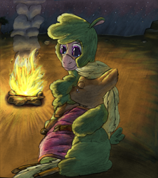 Size: 1631x1835 | Tagged: safe, artist:firefanatic, imported from derpibooru, applejack, paprika paca, alpaca, pony, them's fightin' herds, blanket, campfire, community related, cuddling, cute, desert, fluffy, missing accessory, night, paprika (tfh), paprikadorable, peaceful, rock, sand, smoke, tree