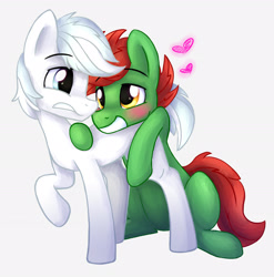 Size: 2605x2639 | Tagged: safe, artist:artoftheghostie, imported from derpibooru, double diamond, oc, oc:nox, earth pony, pony, blushing, canon x oc, duo, gay, heart, male, shipping, simple background, stallion