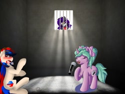 Size: 1000x750 | Tagged: safe, imported from derpibooru, oc, oc:magicalmysticva, oc:moonstrider, oc:mystic moonlight, oc:remythedeer, deer, deer pony, original species, pegasus, pony, unicorn, horny jail, jail, microphone