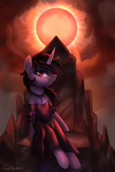 Size: 2000x3000 | Tagged: safe, artist:jedayskayvoker, imported from derpibooru, oc, oc:astra nova, pony, unicorn, vampire, vampony, clothes, dress, fangs, female, jewelry, mare, necklace, red dress, red sun, the end is neigh, throne of stone, victorian dress