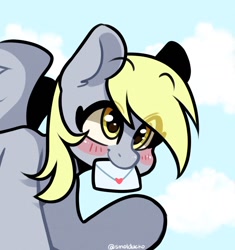 Size: 1350x1434 | Tagged: safe, artist:cottonsweets, imported from derpibooru, derpy hooves, pegasus, pony, blushing, cloud, cute, derpabetes, eye clipping through hair, female, flying, letter, mare, mouth hold, sky, solo