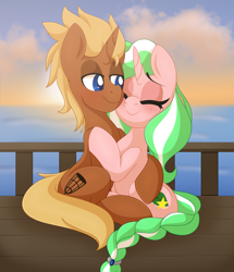 Size: 1761x2047 | Tagged: safe, artist:pearlyiridescence, imported from derpibooru, oc, oc only, oc:honeydew, oc:scuffle, pony, unicorn, fanfic:magic of the heart, blushing, braided tail, cuddling, cute, deck, duo, eyes closed, female, freckles, hug, male, mare, ocean, scuffledew, ship, shipping, smiling, stallion, straight, sunrise