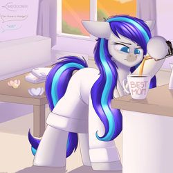 Size: 3000x3000 | Tagged: safe, artist:xcinnamon-twistx, imported from derpibooru, oc, oc only, oc:hooklined, earth pony, alcohol, bags under eyes, clothes, coffee, commission, couch, cup, curtains, diaper, messy mane, mug, pacifier, robe, sunrise, table, this will lead to alcoholism, tired, whiskey