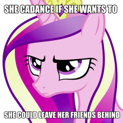 Size: 621x622 | Tagged: safe, artist:stabzor, imported from derpibooru, princess cadance, alicorn, pony, cadance is not amused, caption, female, frown, image macro, mare, men without hats, name pun, pun, safety dance, simple background, solo, song reference, text, unamused