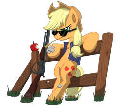 Size: 4000x3500 | Tagged: safe, artist:template93, imported from derpibooru, applejack, earth pony, pony, apple, badass, bandage, clothes, fence, food, grass, gun, hat, high res, leaning, looking at you, rifle, shotgun, simple background, sunglasses, transparent background, vest, weapon, wheat