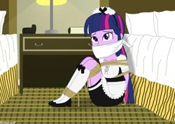 Size: 1058x755 | Tagged: safe, artist:robukun, imported from derpibooru, twilight sparkle, equestria girls, arm behind back, bondage, bound and gagged, cloth gag, clothes, female, gag, maid, rope, rope bondage, socks, solo, tied up