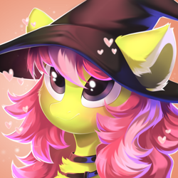 Size: 1500x1500 | Tagged: safe, artist:kebchach, imported from derpibooru, oc, oc only, earth pony, pony, :3, chest fluff, commission, ear fluff, hat, heart, solo, witch hat