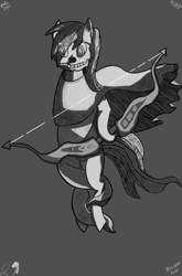 Size: 8818x13394 | Tagged: safe, artist:nacl69, imported from derpibooru, rainbow dash, amanecida of the bejeweled arrow, black and white, blasphemous, bow, cloak, clothes, grayscale, levitation, magic, mask, monochrome, skull, telekinesis