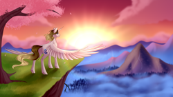 Size: 3840x2160 | Tagged: safe, artist:ohhoneybee, imported from derpibooru, oc, oc only, alicorn, pony, cliff, female, mare, mountain, scenery, solo, spread wings, sunset, tree, wings