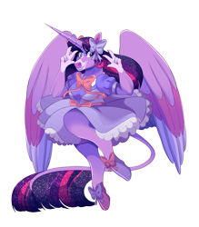 Size: 2100x2400 | Tagged: safe, artist:uunicornicc, imported from derpibooru, twilight sparkle, alicorn, anthro, classical unicorn, unicorn, bowtie, clothes, cloven hooves, colored wings, dress, ethereal mane, female, leonine tail, looking at you, multicolored wings, simple background, smiling, smiling at you, solo, starry mane, transparent background, twilight sparkle (alicorn), unshorn fetlocks, wings