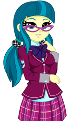 Size: 821x1410 | Tagged: safe, artist:rosemile mulberry, imported from derpibooru, juniper montage, equestria girls, bowtie, clothes, clothes swap, crystal prep academy uniform, cute, female, film reel, glasses, junibetes, looking at you, pigtails, school uniform, simple background, skirt, smiling, smiling at you, solo, twintails