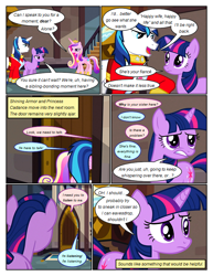 Size: 612x792 | Tagged: safe, artist:newbiespud, edit, edited screencap, imported from derpibooru, screencap, princess cadance, queen chrysalis, shining armor, twilight sparkle, alicorn, pony, unicorn, comic:friendship is dragons, a canterlot wedding, clothes, comic, dialogue, eyelashes, female, frown, indoors, male, mare, screencap comic, stallion, unicorn twilight, worried