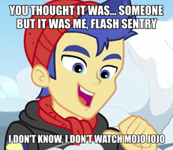 Size: 1036x900 | Tagged: safe, edit, edited screencap, imported from derpibooru, screencap, flash sentry, equestria girls, equestria girls series, holidays unwrapped, spoiler:eqg series (season 2), caption, dio brando, image macro, jojo reference, jojo's bizarre adventure, kono dio da, meme, meme recreation, mojo jojo, text