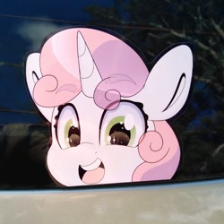 Size: 794x794 | Tagged: safe, artist:partylikeanartist, imported from derpibooru, sweetie belle, pony, unicorn, anime eyes, anime style, bumper sticker, car, chibi, cute, diasweetes, eye clipping through hair, eyebrows, eyebrows visible through hair, female, filly, irl, looking at you, peeker, peeking, photo, solo, sticker, wingding eyes