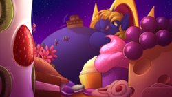 Size: 3840x2160 | Tagged: safe, artist:sugaryviolet, imported from derpibooru, oc, oc:aether lux, oc:ribbon step, oc:star bright, pony, belly, bhm, big belly, cake, cheese, clothes, cookie, cosmic wizard, cupcake, eating, fat, food, giant pony, gluttony, god pone, godpone, grapes, huge belly, licking, licking lips, macro, male, morbidly obese, obese, pie, pony bigger than a galaxy, pony bigger than a planet, pony bigger than a solar system, pony bigger than a star, pony bigger than a universe, pony heavier than a black hole, servant, size difference, stallion, stars, throne, tiny, tiny ponies, tongue out, uniform, wizard