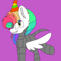 Size: 1378x1378 | Tagged: safe, artist:circuspaparazzi5678, imported from derpibooru, oc, oc only, oc:rainbow blitz, pegasus, pony, clown nose, ear piercing, earring, evil grin, eyeball, five nights at freddy's: sister location, five nights at panda flare's: panda location, fnaf sl, grin, hat, jewelry, multicolored hair, party hat, piercing, rainbow hair, rainbow makeup, red nose, sharp teeth, smiling, solo, teeth, wires