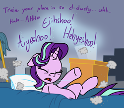 Size: 5849x5080 | Tagged: safe, artist:anyponedrawn, imported from derpibooru, starlight glimmer, pony, unicorn, absurd resolution, bed, bedroom, box, cute, dust, dust cloud, junk, lying down, mop, nostril flare, nostrils, sneezing