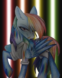 Size: 1080x1350 | Tagged: safe, artist:_quantumness_, artist:jonny_flex69, imported from derpibooru, rainbow dash, pegasus, pony, fanfic:rainbow factory, clothes, ear fluff, female, lab coat, liquid rainbow, mare, raised hoof, smiling, solo, traditional art