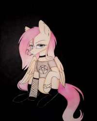 Size: 1080x1350 | Tagged: safe, artist:_quantumness_, artist:jonny_flex69, imported from derpibooru, fluttershy, pegasus, pony, black background, choker, cigarette, clothes, ear piercing, earring, female, fishnets, goth, jewelry, makeup, mare, pentagram, piercing, simple background, sitting, smoking, socks, solo, traditional art