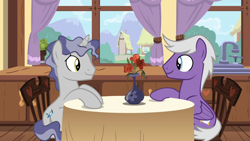 Size: 1280x720 | Tagged: safe, imported from derpibooru, screencap, silver script, star bright, pegasus, pony, unicorn, triple threat, duo, gay, looking at each other, male, shipping, sitting, stallion, starscript, table