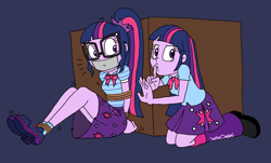 Size: 2642x1591 | Tagged: safe, artist:bugssonicx, imported from derpibooru, sci-twi, twilight sparkle, equestria girls, arm behind back, bondage, bound and gagged, box, clothes, gag, glasses, rescue, rope, rope bondage, self paradox, shhh, simple background, skirt, tape, tape gag, twolight