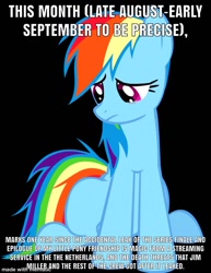 Size: 924x1200 | Tagged: safe, edit, imported from derpibooru, rainbow dash, pegasus, pony, black background, caption, crying, female, image macro, impact font, mare, meme, sad, simple background, sitting, solo, text