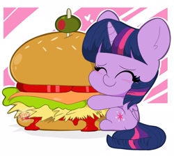 Size: 2048x1836 | Tagged: safe, artist:kittyrosie, imported from derpibooru, twilight sparkle, alicorn, pony, burger, cargo ship, chibi, cute, eyes closed, female, floating heart, food, hay burger, heart, hug, mare, olive, shipping, smiling, solo, that pony sure does love burgers, twiabetes, twilight burgkle, twilight sparkle (alicorn)