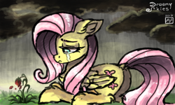 Size: 854x512 | Tagged: safe, artist:dreamyskies, imported from derpibooru, fluttershy, pegasus, pony, butt, crying, dark sky, depression, despair, ear fluff, female, flower, fluffy, hopeless, mare, plot, quick draw, rain, sad, sketch, solo, teary eyes