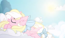 Size: 1926x1144 | Tagged: safe, artist:fantom, imported from derpibooru, oc, oc only, oc:bay breeze, pegasus, pony, bow, cloud, cute, ear fluff, eyes closed, female, hair bow, mare, open mouth, tail bow