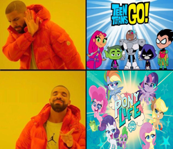 Size: 1250x1075 | Tagged: safe, imported from derpibooru, applejack, fluttershy, gummy, pinkie pie, rainbow dash, rarity, spike, twilight sparkle, my little pony: pony life, beast boy, beating a dead horse, cyborg (dc comics), cyborg (teen titans), drake, exploitable meme, g4.5, hotline bling, logo, mane six, meme, op is a swan, op is right, op is right you know, raven (dc comics), raven (teen titans), robin, starfire, teen titans go, truth, ttg hater