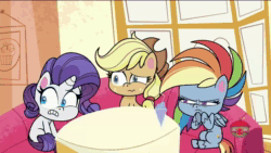 Size: 1920x1080 | Tagged: safe, imported from derpibooru, screencap, applejack, rainbow dash, rarity, earth pony, pegasus, pony, unicorn, my little pony: pony life, sick day, spoiler:pony life s01e20, animated, female, forum weapon, g4.5, reaction image, sound, webm