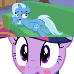 Size: 710x710 | Tagged: safe, edit, edited screencap, imported from derpibooru, screencap, trixie, twilight sparkle, road to friendship, blushing, draw me like one of your french girls, female, lesbian, shipping, shipping domino, twixie