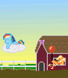 Size: 696x800 | Tagged: safe, artist:nitobit, artist:silent pone, derpibooru exclusive, imported from derpibooru, applejack, rainbow dash, earth pony, pegasus, pony, alarm clock, animated, balancing, balloon, clock, cloud, falling, female, fence, gif, is that a jojo reference?, mare, meme, morning, mud, pixel art, scared, sleeping, this will end in pain, to be continued, to be continued (meme)