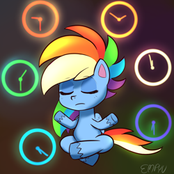 Size: 1000x1000 | Tagged: safe, artist:empyu, imported from derpibooru, rainbow dash, pegasus, pony, my little pony: pony life, clock, crossed legs, eyes closed, female, g4.5, mare, meditating, solo, time