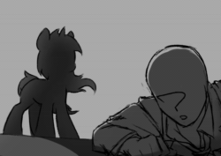 Size: 878x620 | Tagged: safe, anonymous artist, imported from derpibooru, lyra heartstrings, oc, oc:anon, human, pony, unicorn, :3, animated, animatic, female, gray background, grayscale, kung fu panda, lidded eyes, male, mare, monochrome, no pupils, open mouth, prone, simple background, smiling, sound, that pony sure does love humans, webm