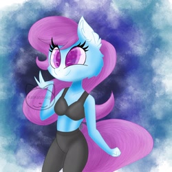 Size: 1950x1950 | Tagged: safe, artist:katkatdesign, imported from derpibooru, oc, oc only, anthro, earth pony, abstract background, bra, breasts, clothes, ear fluff, earth pony oc, eyelashes, female, pants, smiling, solo, underwear