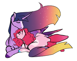 Size: 1280x1022 | Tagged: safe, artist:minsona, imported from derpibooru, pinkie pie, twilight sparkle, alicorn, earth pony, pony, blaze (coat marking), coat markings, colored hooves, cuddling, ethereal mane, eyes closed, facial markings, female, gradient mane, lesbian, lying down, mare, prone, shipping, simple background, starry mane, transparent background, twilight sparkle (alicorn), twinkie, ultimate twilight