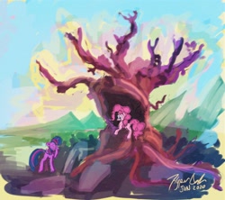 Size: 1920x1708 | Tagged: safe, artist:hyper dash, imported from derpibooru, pinkie pie, twilight sparkle, atg 2020, avatar the last airbender, banyan-grove tree, facehoof, newbie artist training grounds, the legend of korra, tree