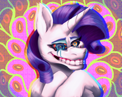 Size: 2000x1600 | Tagged: safe, artist:lordofthefeathers, imported from derpibooru, rarity, pony, creepy, creepy grin, crying, female, grin, nightmare fuel, smiling, solo, surreal