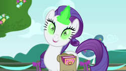 Size: 1280x720 | Tagged: safe, imported from derpibooru, screencap, rarity, pony, unicorn, inspiration manifestation, aura, female, green eyes, green magic, inspirarity, inspiration manifestation book, magic, magic aura, mare, possessed, solo, telekinesis