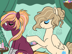 Size: 1024x768 | Tagged: safe, artist:itsjustquince, imported from derpibooru, oc, oc:floral aroma, oc:sucker punch, earth pony, pegasus, pony, candle, eyes closed, female, male, mare, massage, offspring, parent:big macintosh, parent:bulk biceps, parent:cheerilee, parent:fluttershy, parents:cheerimac, parents:flutterbulk, stallion, tongue out