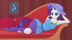 Size: 5000x2813 | Tagged: safe, artist:irisarco, imported from derpibooru, rarity, anthro, plantigrade anthro, unicorn, equestria girls, bedroom eyes, breasts, clothes, couch, cutie mark, draw me like one of your french girls, dress, equestria girls outfit, eyeshadow, hat, jewelry, lidded eyes, looking at you, lying, makeup, necklace, pillow, poster, rarity peplum dress, seductive pose, skirt, socks, wallpaper