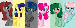 Size: 2030x755 | Tagged: safe, artist:darbypop1, imported from derpibooru, oc, oc:dj emo, oc:flora, oc:lolly pop, oc:skateboard jo, oc:sugar mele, oc:uni-candy, earth pony, pegasus, pony, unicorn, female, mare