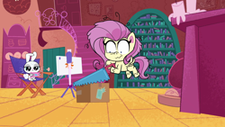 Size: 1920x1080 | Tagged: safe, imported from derpibooru, screencap, angel bunny, fluttershy, pegasus, pony, my little pony: pony life, unboxing day, spoiler:pony life s01e30, box, g4.5, saw, shrunken pupils, wavy mouth