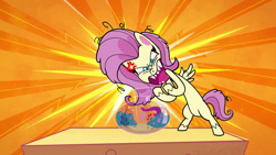 Size: 1920x1080 | Tagged: safe, imported from derpibooru, screencap, fluttershy, pegasus, pony, my little pony: pony life, the 5 habits of highly effective ponies, spoiler:pony life s01e34, angry, bloodshot eyes, bottle, cocoon, crazy face, cross-popping veins, faic, female, fluttershy's unboxing vlog, g4.5, mare, solo