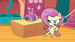 Size: 1920x1080 | Tagged: safe, imported from derpibooru, screencap, fluttershy, pony, my little pony: pony life, the 5 habits of highly effective ponies, spoiler:pony life s01e34, bipedal, bottle, cocoon, g4.5, hooves on hips, open mouth, proud, sassy, sassyshy, smiling