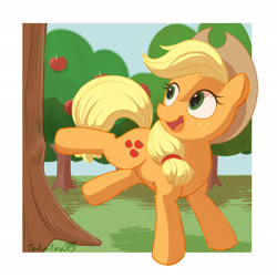 Size: 2048x2048 | Tagged: safe, artist:gamorangetana, artist:takatmadisney, imported from derpibooru, applejack, earth pony, pony, apple, apple tree, applebucking, bucking, cowboy hat, cute, cutie mark, digital art, female, happy, hat, jackabetes, mare, open mouth, sky, solo, tail, tree