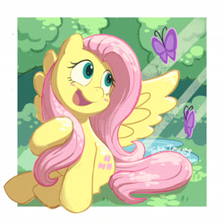 Size: 2048x2048 | Tagged: safe, artist:gamorangetana, artist:takatmadisney, imported from derpibooru, fluttershy, butterfly, pegasus, pony, blush sticker, blushing, crepuscular rays, cute, cutie mark, daaaaaaaaaaaw, dappled sunlight, digital art, female, forest, happy, head turn, looking at something, mare, open mouth, passepartout, shyabetes, sitting, smiling, solo, spread wings, tree, turned head, wings