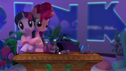 Size: 1920x1080 | Tagged: safe, imported from derpibooru, screencap, pinkie pie, twilight sparkle, alicorn, earth pony, hello pinkie pie, 3d, bipedal, bottle, confused, hooves around shoulder, hug, looking at something, looking at you, potion, studio, table, twilight sparkle (alicorn), twilight sparkle's potion challenge